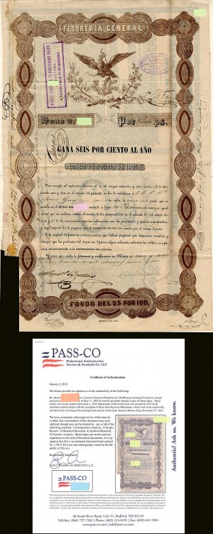 "Black Eagle" - 1843 dated 20,000 Pesos Tesoreria General Mexican Bond - Mexico  - PRICE UPON REQUEST